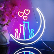 Looklight Moon Cat Neon Signs, Cat Lover Neon Sign, White Moon, LED Neon Sign Luminous Signs USB Cat Neon Light Sign for Bedroom Living Room Bar Wedding Party Playroom