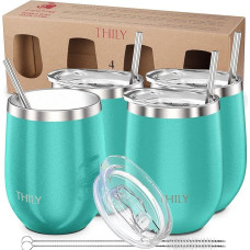 THILY Nerūdijančio plieno stiklinės vynui be kotelių Vakuuminė izoliacija, mielos kelioninės stiklinės vynui su dangteliais, atspariais purslams Daugkartinio naudojimo šiaudeliai išlaiko šaltą ir karštą vyną, kavą, arbatą