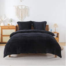 WUMIUER Fluffy Bed Linen 240 x 220 cm Black 3-Piece Set, Winter Flannelette Warm Duvet Cover and 2 Pillowcases 80 x 80 cm, Cuddly Soft Cashmere Touch Flannel Fleece Duvet Cover