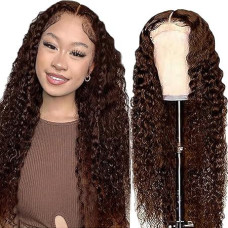 Hxxcoup Ruda žmogaus plaukų perukas nėrinių perukas Moterų 4x1 T dalis perukas Moterų tikri plaukai Ruda perukas Nėrinių uždarymas perukas Banguoti plaukai Ruda spalva Ilgi perukai 24 colių (61 cm)