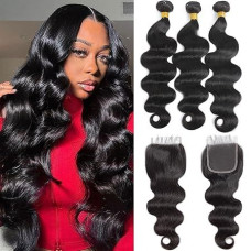 ELEE'S HAIR 10A Brazilijos mergelių kūno bangų plaukai, 3 ryšuliai su 4 x 4 nėrinių uždarymu (22 24 26 + 20) 100 % neapdoroti Brazilijos mergelių mergelių Remy kūno bangų žmogaus plaukų pynimo ryšuliai su uždarymu Nemokama dalis