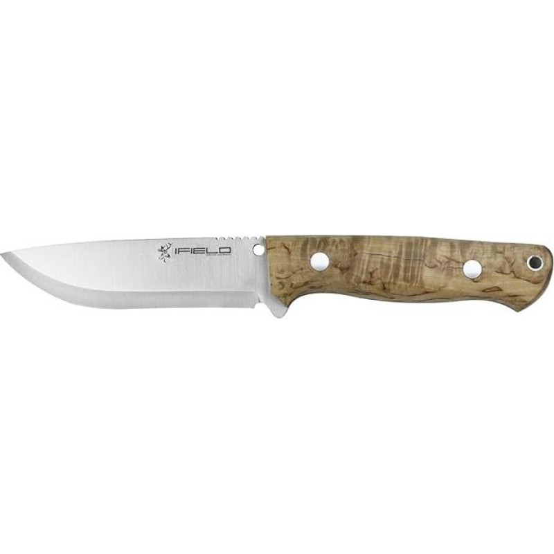 IFIELD medžioklinis peilis Workout EL29122 - Curly Birch Handle MOVA Blade 11.5cm + Brown Leather Sheath Camping Tool for Fishing, Hunting, Sports