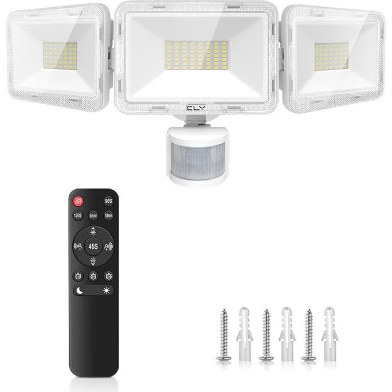 CLY LED prožektorius su judesio jutikliu ir nuotolinio valdymo pulteliu 70 W, 6580 LM 6500 K Cool White lauko prožektorius su reguliuojamu 3 galvučių LED prožektoriumi IP66 Vandeniui atsparus prožektorius garažui ir kiemui
