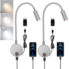 Pack of 2 Reading Lamps, Wall Mounted, Dimmable, Wall Light, Bed Lamp with Touch Switch and USB Charging Port, 360° Flexible Gooseneck Lamp, 3 W LED Reading Light, Wall Bed Lamp for Bedroom with EU