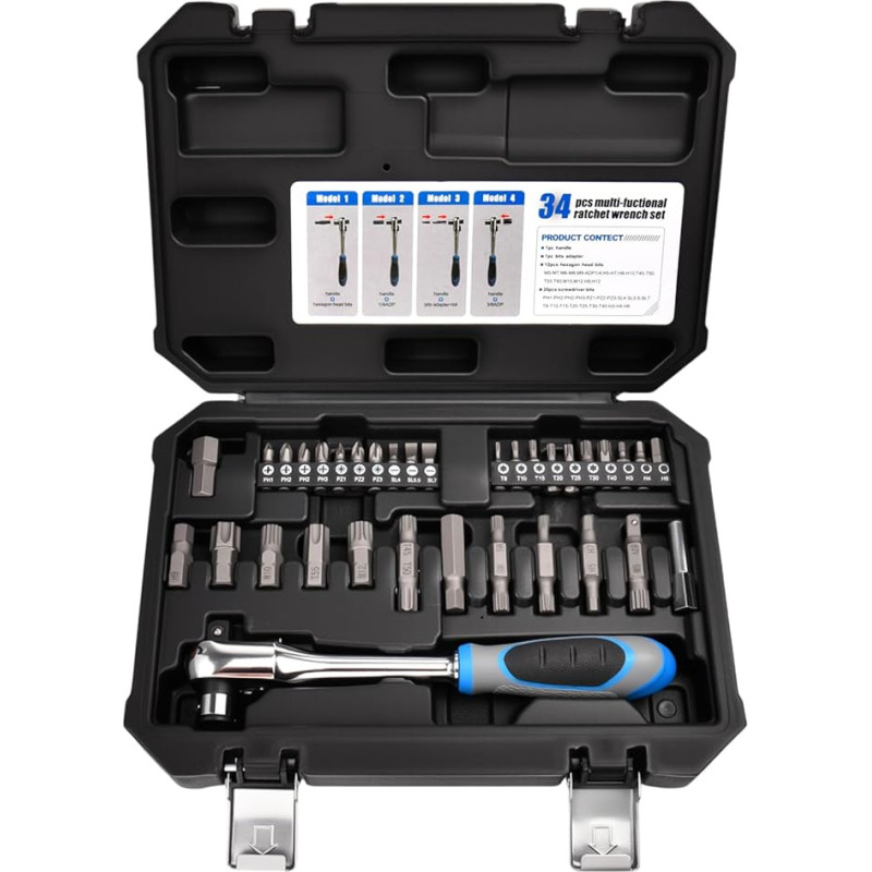 INJOYTEC Steckschlüssel-Set, 34-teilig, Ratschenschlüssel-Set, Mechaniker-Werkzeug, Ratsche, Inbusschlüssel-Set mit Vierkant- und Sechskant-Bohrer-Adapter, Verlängerungsstange, Aufbewahrungsbox
