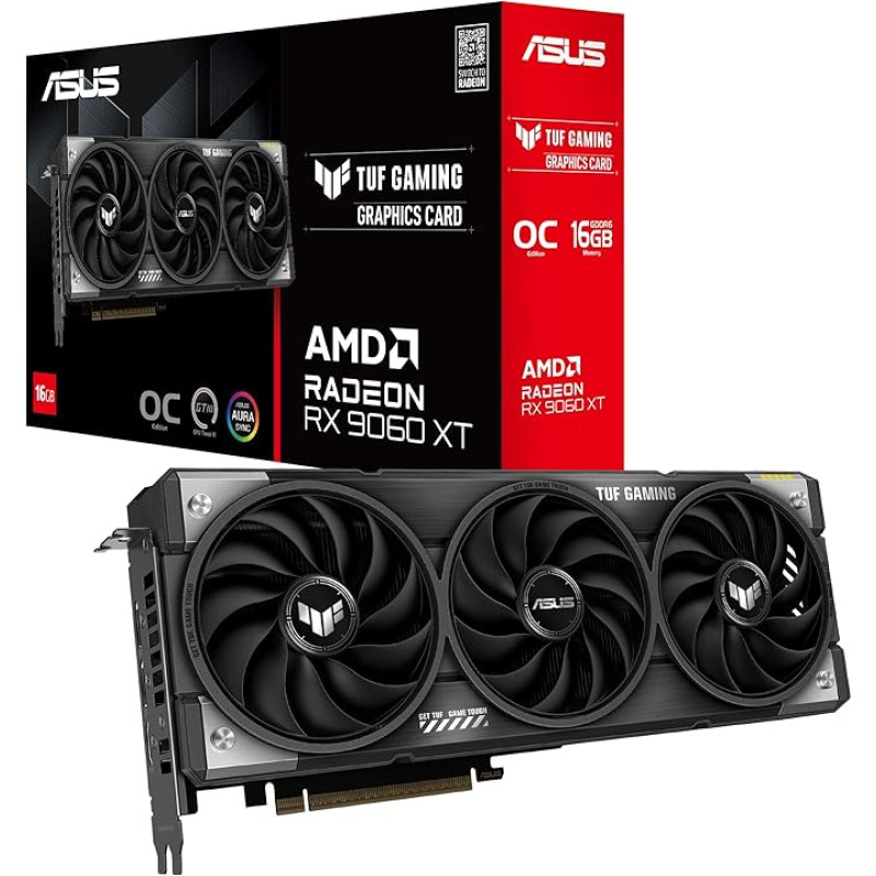 ASUS TUF TUF Gaming Radeon RX 9060 XT OC Edition 16GB GDDR6 žaidimų vaizdo plokštė (AMD Radeon RX9060XT, AMD RDNA 4 architektūra, PCIe 5.0, 1x HMDI 2.1b, 2x DisplayPort 2.1a, RGB, TUF-RX9060XT-O16G-GAMING)
