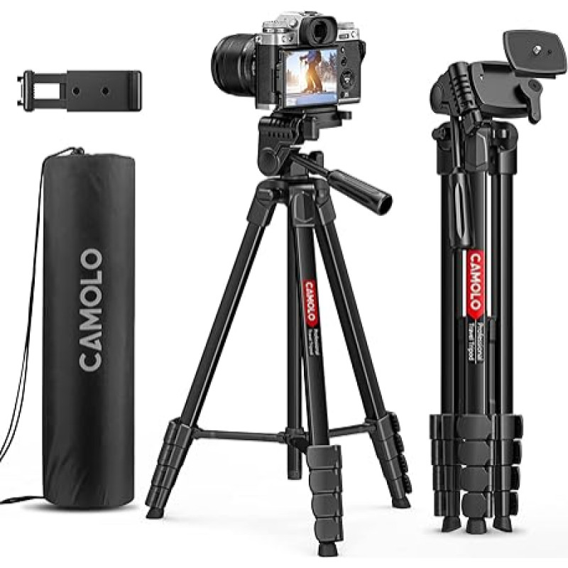 CAMOLO telefono trikojis, 67 colių fotoaparato trikojis DSLR trikojis kelionėms, aliumininis fotoaparato trikojis su kelioniniu krepšiu, Vlogging fotoaparatas, mobiliojo telefono trikojis, vaizdo fotografija 