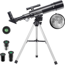 Teleskopas vaikams Astronominis teleskopas HD 90X didinimo nešiojamasis 50 mm kalibro teleskopas su 3 okuliarais ir trikoju Mėnulio planetos žvaigždžių stebėjimui (juodas)
