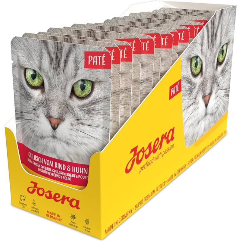 JOSERA Paté Beef & Chicken Goulash (16 x 85 g) | Suaugusiems | Aukščiausios kokybės drėgnas ėdalas suaugusioms katėms | Jautienos ir vištienos guliašas | Be grūdų | Šlapias kačių ėdalas šviežiame maišelyje | Pakuotė po 16 vnt.