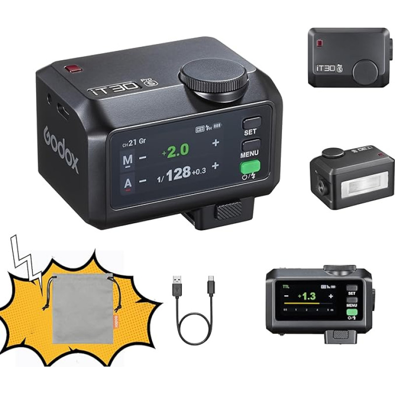 GODOX iT30Pro C mini TTL fotoaparato blykstė 2,4 GHz HSS 1/8000 s GN15 su jutikliniu ekranu Palaiko pagrindinį ir imtuvo režimus Įmontuotas difuzorius, skirtas 