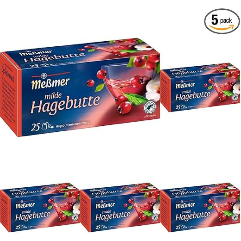 Meßmer Mild Rosehip | 25 arbatos maišeliai | Vegan | Be glitimo | Be glitimo | Be laktozės (pakuotė po 5 vnt.)