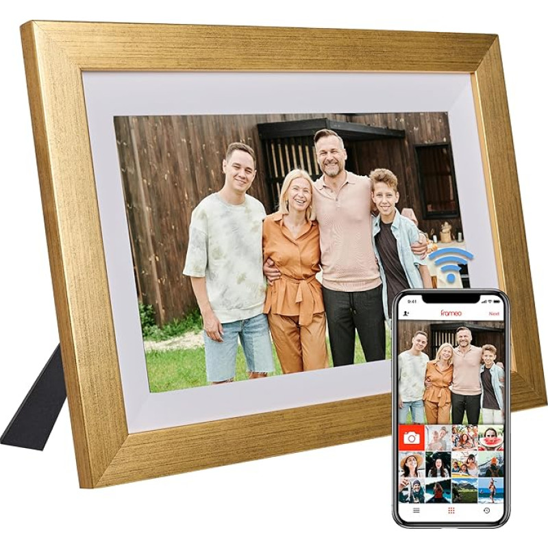 VONDRA Digitaler WLAN-Bilderrahmen, Naturholz, Digitalrahmen für Fotos und Videos mit 32 GB Speicher, IPS-Touchscreen, 25,7 cm (10,1 Zoll), automatische Rotation, Fotos mit Android/iOS-Display (Gold)