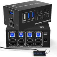 KVM jungiklis 4 kompiuteriams 2 monitoriams HDMI + DP prievadas - KVM jungikliai 4 kompiuteriams 2 monitoriams, palaiko iki 8K@60Hz ir 4K@120Hz, skirti nešiojamiesiems ir staliniams kompiuteriams