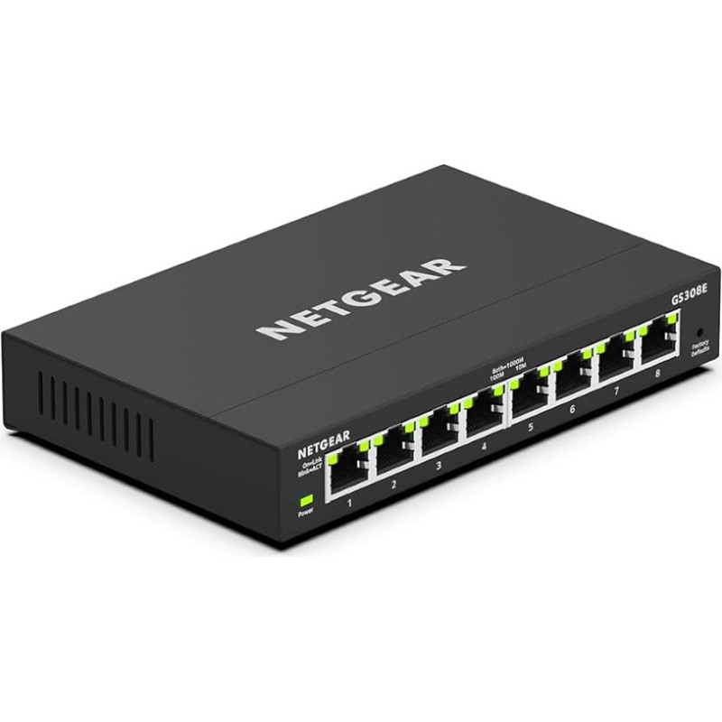NETGEAR GS308E valdomas komutatorius 8 prievadų Gigabit Ethernet LAN komutatorius Plus (Plug-and-Play Netzwerk Switch Managed, IGMP Snooping, QoS, VLAN, lüfterlos, Robustes Metallgehäuse) Schwarz