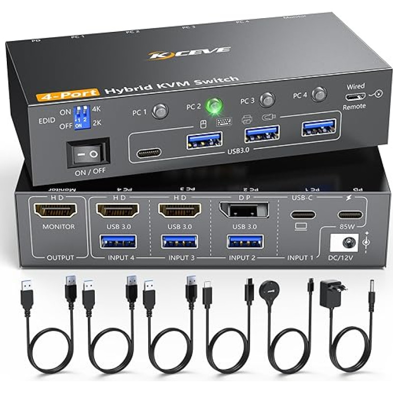 KVM jungiklis 1 monitorius 4 kompiuteriai, 4K @ 60 USB C + Displayport + HDMI KVM jungiklis su 4 USB 3.0 prievadais Klaviatūra ir staliniu valdikliu