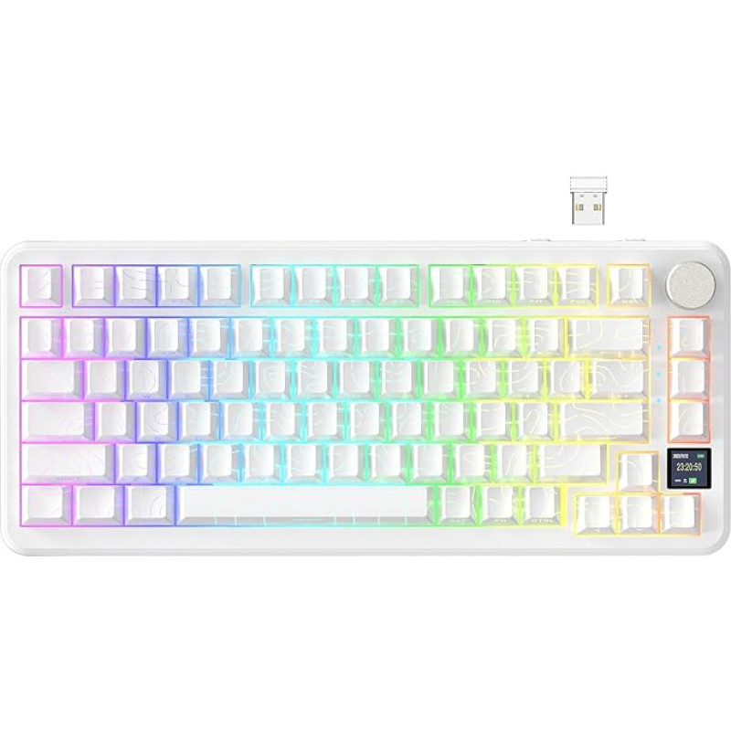 ATTACK SHARK X85PRO belaidė mechaninė klaviatūra su TFT ekranu ir mygtukais, 75% QMK žaidimų klaviatūra su antspaudu, 2.4G/BT/USB-C laidinė, keičiama karštuoju būdu, 4000 mAh, NKRO, RGB (balti kontūrai)