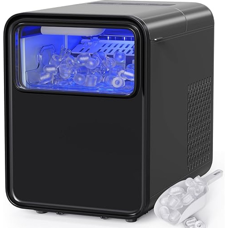 QEXREED ledo kubelių aparatas, mažas ledo kubelių aparatas, 12 kg/24 val., 9 kubeliai per 6 minutes, savaime išsivalantis ledo kubelių aparatas su ledo samteliu ir krepšeliu, 2 ledo kubelių dydžiai, juodas