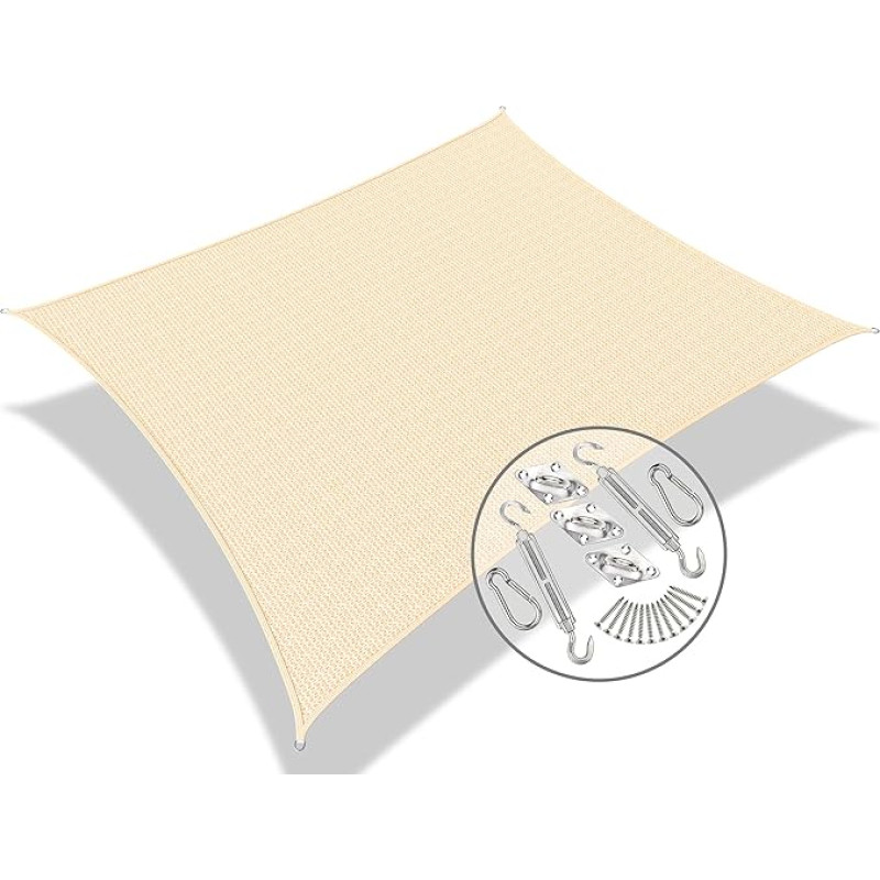 VOUNOT stačiakampė markizė su tvirtinimo komplektu, apsauganti nuo saulės, kvėpuojanti ir apsauganti nuo UV spindulių, skirta balkonui, sodui, terasai, 5 x 3 m, dramblio kaulo spalvos