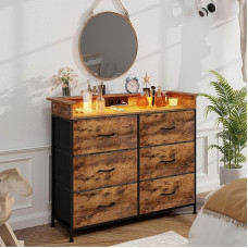 VEDECASA Chest of Drawers with 6 Drawers and LED Lighting, 2 USB Ports & 2 AC Sockets, Sideboard with Wooden Top and Fabric Drawers, Metal Frame for Bedroom, Living Room and Hallway (Black)