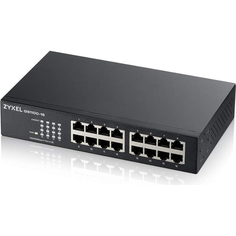 Zyxel 16 prievadų Gigabit Ethernet nevaldomas komutatorius | Tinklo skirstytuvas | Plug & Play, nereikia konfigūracijos | Dizainas be ventiliatoriaus [GS1100-16 v3]