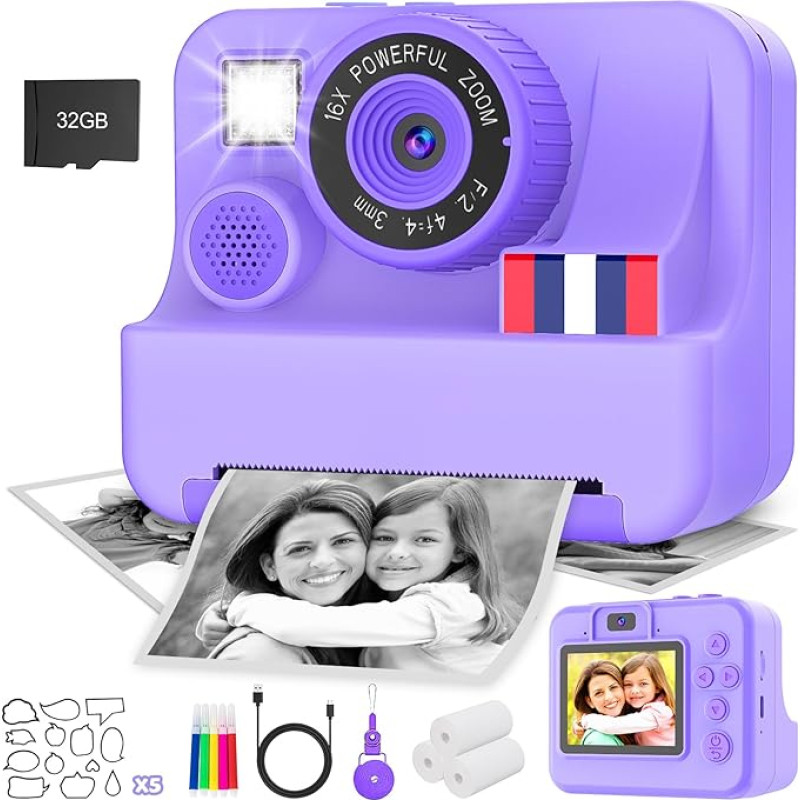 Yosfeng Sofortbildkamera für Kinder - Weihnachten Geburtstag Mädchen Geschenke für Alter 3 4 5 6 7 8 9 10 Jahre alt, 2,4Zoll-Kinder Sofortbildkamera, Kleinkind Kamera Spielzeug mit 32 GB SD-Karte