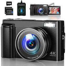4K skaitmeninis fotoaparatas 48 MP automatinio fokusavimo fotoaparatas su 180° apverčiamu ekranu, 16 kartų skaitmeninio priartinimo kompaktiškas fotoaparatas su 32 GB kortele, įkrovimo stotele, 2 baterijomis paaugliams, pradedantiesiems, suaugusiesiems