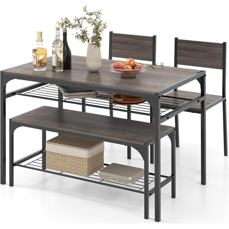 GIANTEX valgomojo stalo rinkinys 4 asmenims, stačiakampis stalas su 2 kėdėmis, 1 suolas, lentyna, tvirtas metalinis rėmas, 4 dalių valgomojo stalo rinkinys, valgomojo stalo komplektas, valgomojo virtuvė (pilka), NF88000