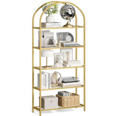 VASAGLE knygų spinta 5 pakopų grūdinto stiklo lentynos saugyklos lentyna Arch Metalinė konstrukcija gyvenamajam kambariui Miegamojo studija Vonios kambarys Auksinis skaidrus LGT050A01