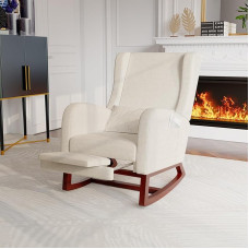 POYHKFD Fotelis, supamasis krėslas, minkštas skandinaviškas supamasis krėslas su mediniu pagrindu, stora atrama kojoms, 2 šoninės kišenės, 1 juosmens pagalvėlė (smėlio spalvos + atrama kojoms)