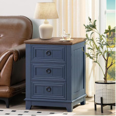 46 cm kaimiško stiliaus naktinis staliukas su 3 stalčiais, šoninis staliukas su stalčiais miegamajame, mėlyni naktiniai staliukai, medinis staliukas prie lovos su metaline rankena, naktinė spintelė svetainėje, miegamajame