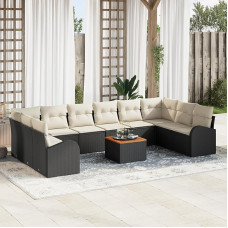 Rantry 11-teiliges Garten-Sofa-Set mit Kissen in Schwarz Poly Rattan Akazie, Zweisitzer-Garten-Sofa mit Stauraum und Kissen in Schwarz Poly Rattan Gartenlounge Modelis3356297
