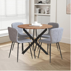 GOLDFAN Apvalus valgomojo stalas su 4 kėdėmis, medinis virtuvės stalas, retro su juodomis metalinėmis kojomis, medžiaginė valgomojo kėdė valgomajam, svetainei, 80 cm, pilka