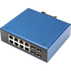 DIGITUS Network Switch - 12-Port Gigabit Ethernet - 8X RJ45 + 4X SFP - IP40 - 10/100/1000 Mbit/s - DIN Rail Mounting - Industrial Series - Black/Blue