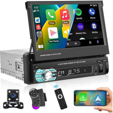 Podofo 1 DIN 7 Inch Car Radio with A-pple Carplay/Android Car, Retractable Screen with Bluetooth Hands-Free Function/Steering Wheel Control/FM/USB/AUX/TF+HD Reversing Camera