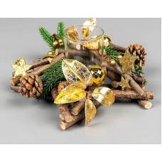 22cm Wooden Branch Tealight Holder Decorated with Gold Balls, Berries, Leaves, Stars, Foliage, Pine Cones, Christmas Table Decoration