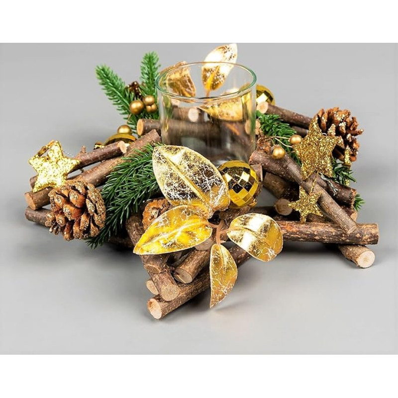 22cm Wooden Branch Tealight Holder Decorated with Gold Balls, Berries, Leaves, Stars, Foliage, Pine Cones, Christmas Table Decoration