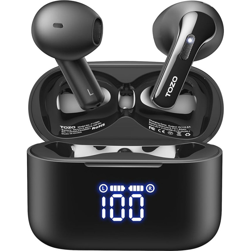 TOZO T21 Bluetooth Kopfhörer 5.3 In Ear Ohrhörer, Dual-Mikrofon Noise Cancelling Kopfhörer mit LED-Digitalanzeige,44 Std Spielzeit Stereo Sound,IPX8 Wasserdicht Headset für Sport und Alltag - Schwarz