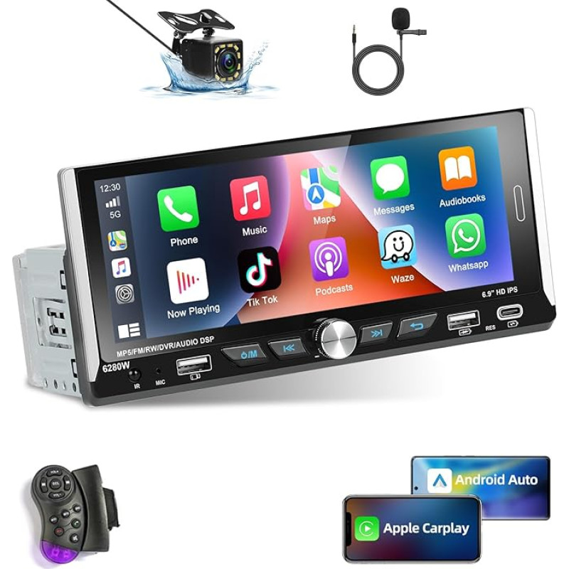 Podofo Car Radio 1 DIN with Wireless Carplay Android Car, Bluetooth with 6.9 Inch Screen, Car Radio Display, Supports RDS Mirror Connection, Reversing Camera and Microphone