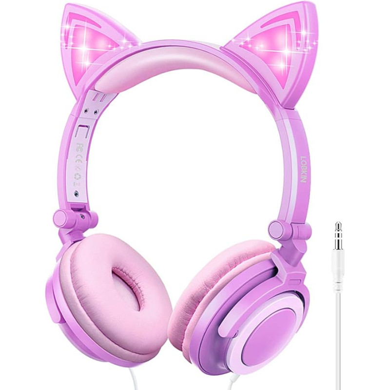 LOBKIN Kids Cat Ears LED Light Wired Headphones with 85dB Volume Limited Hearing Protection Cute Headphones for Girls