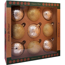 Vitbis Glass Christmas Baubles 9-Piece Champagne Diameter 10 cm Hand-Decorated Hand-Painted