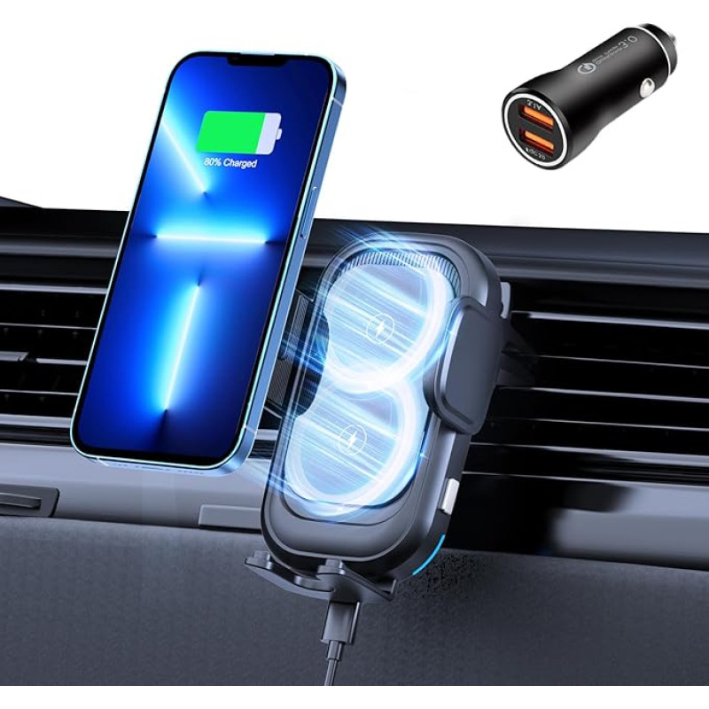 Olycism Car Mobile Phone Holder with Charging Function Max 15 W Qi Fast Charging QC 3.0 Adapter Smart Dual Charging Induction 360° Rotation Car Mobile Phone Holder with Charging Function with iPhone /