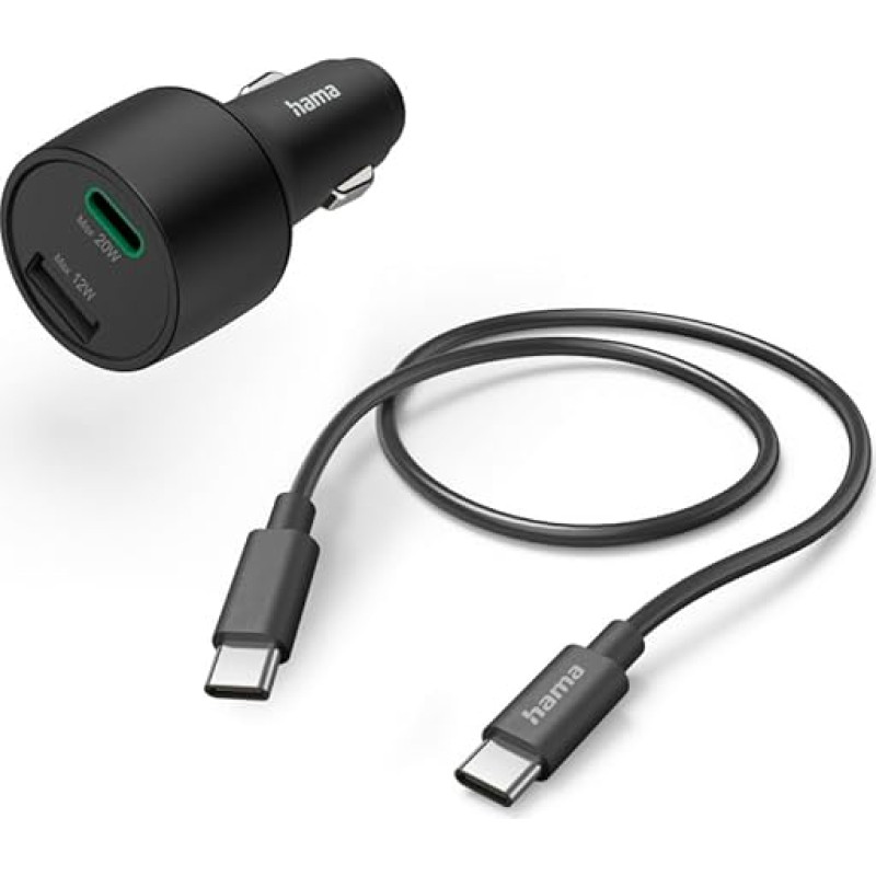 Hama Car Charger Set with Charging Cable, Car Quick Charger 32 Watt Power Delivery / Qualcomm Quick Charge (2 Port Cigarette Lighter 1x USB A, 1x USB C, Multiple Charging Plug for Smartphone) Black