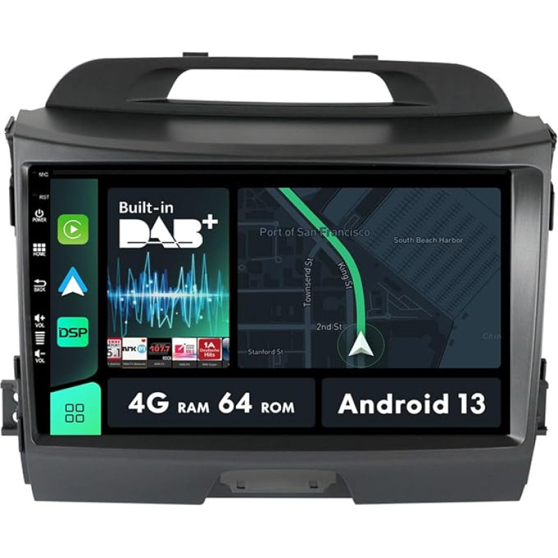 2 Din Car Radio Built-in DAB/DSP/Carplay Android 12 Suitable for Kia Sportage R 2011-2016 - [4G + 64G] - Free Reversing Camera - 9 Inch IPS - With Steering Wheel Control WiFi Bluetooth RDS