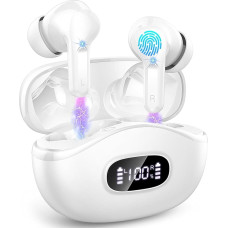 Wireless In-Ear Earphones, Bluetooth 5.3, with 4 ENC Noise Cancelling Mics, Deep Bass, 40-Hour IP7 Waterproof Earbuds, LED Display, White