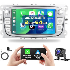 Podofo 2+64G Car Radio for Ford Focus C-Max S-Max Mondeo Kuga Galaxy Mondeo 9 Kuga with Wireless Carplay Android Car, Android 13 Radio with 7 Inch Screen, GPS, WiFi, RDS + Reversing Camera & Mic,