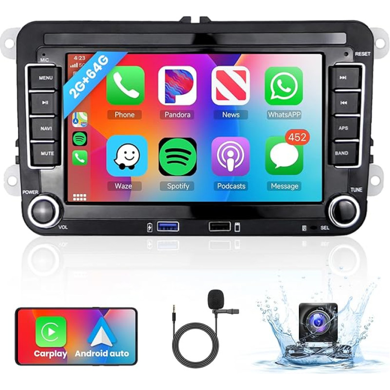 2+64G Android 13 Car Radio 7 Inch for VW Golf 5/6 T5 Touran Polo Sharan Passat Tiguan Seat Wireless Carplay Android Car Mirror Link with AHD Reversing Camera FM/RDS/Bluetooth/WiFi/GPS