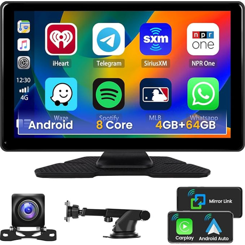 Hikity 8 Core 4G + 64G Android 9 Inch Wireless CarPlay Android Car Radio Portable with AHD Reversing Camera Wireless Carplay Display with Siri BT GPS FM AUX Mirror Link 15 m Video Cable