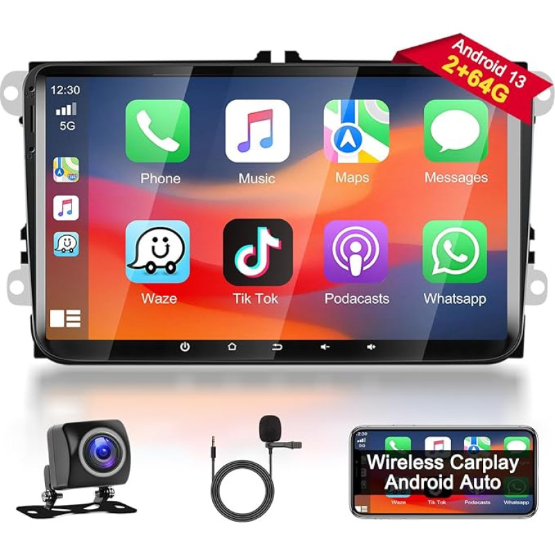 Podofo 2+64G 9 Inch Car Radio for VW Golf 5 6 Polo Seat Skoda Caddy Touran Passat B6 with Wireless Carplay Android Car, Android 13 Radio with Screen, Bluetooth, WiFi, GPS, RDS + Reversing Camera