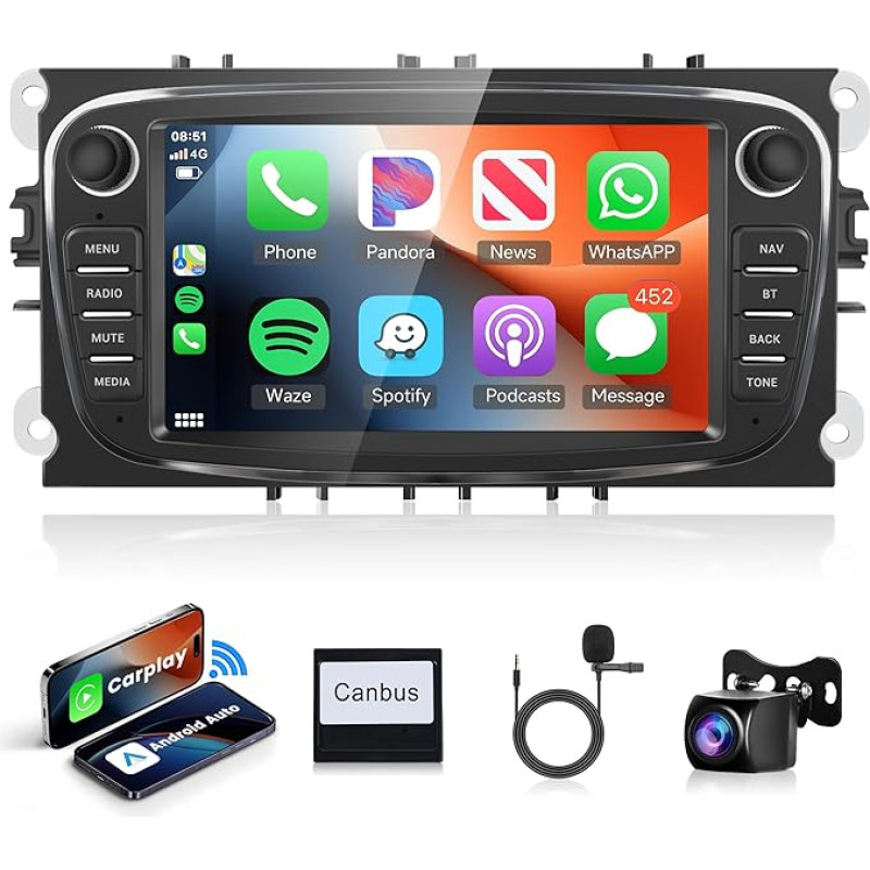 2G + 64G Wireless Carplay Android 13 Car Radio for Ford Focus II mk2 Mondeo S-Max C-Max Galaxy Kuga with Android Car Navigation GPS WiFi 7 Inch Car Radio with Mirror Link Bluetooth FM/RDS/DAB/EQ