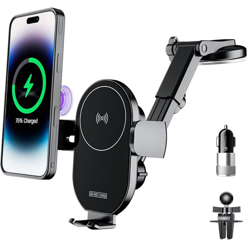 KPON Car Mobile Phone Holder with Charging Function, Inductive Charging Station Car 15 W, Car Mobile Phone Holder Ventilation + Suction Cup for iPhone 16/15/14/13/12 Pro Max/8 Plus/Mini/Samsung S23